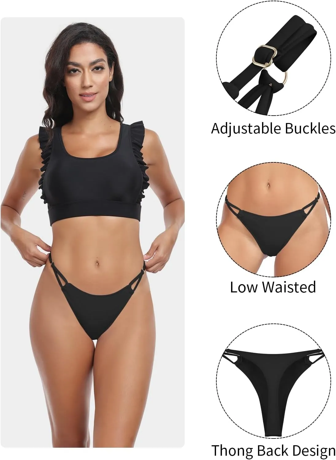 Women's Low Waisted Bikini Bottoms Adjustable Thong Bathing Suit Bottoms