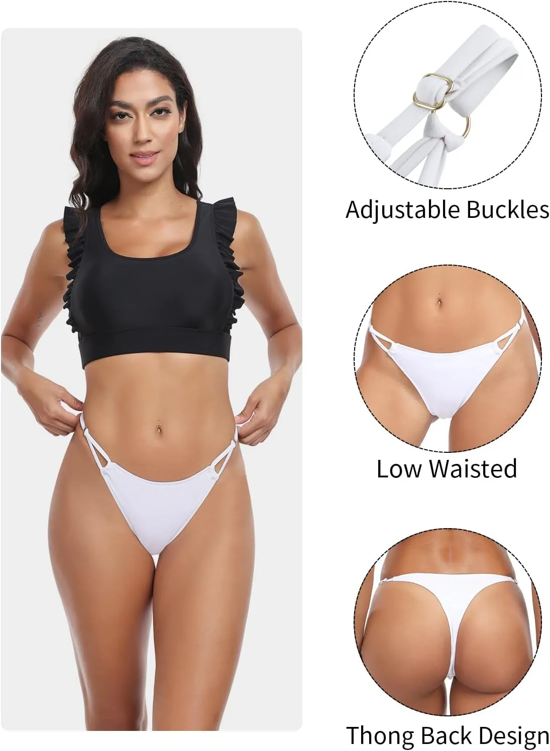 Women's Low Waisted Bikini Bottoms Adjustable Thong Bathing Suit Bottoms