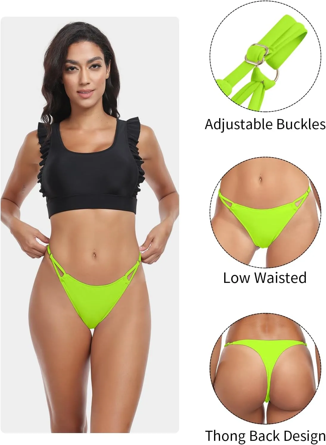 Women's Low Waisted Bikini Bottoms Adjustable Thong Bathing Suit Bottoms