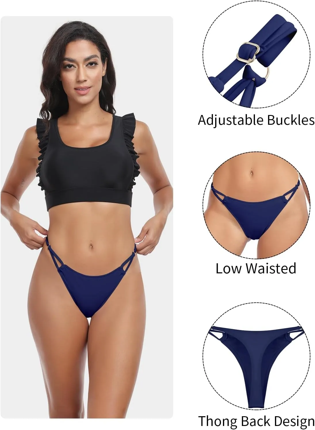 Women's Low Waisted Bikini Bottoms Adjustable Thong Bathing Suit Bottoms
