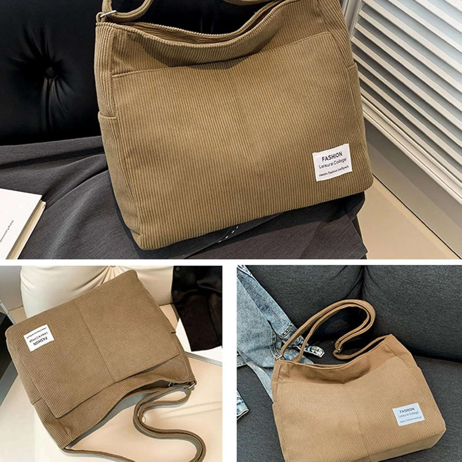 Women's Multi-Pocket Shoulder Bags Women's Crescent Shoulder Bags with Adjustable Strap Temperament Clutch Purse(Khaki)