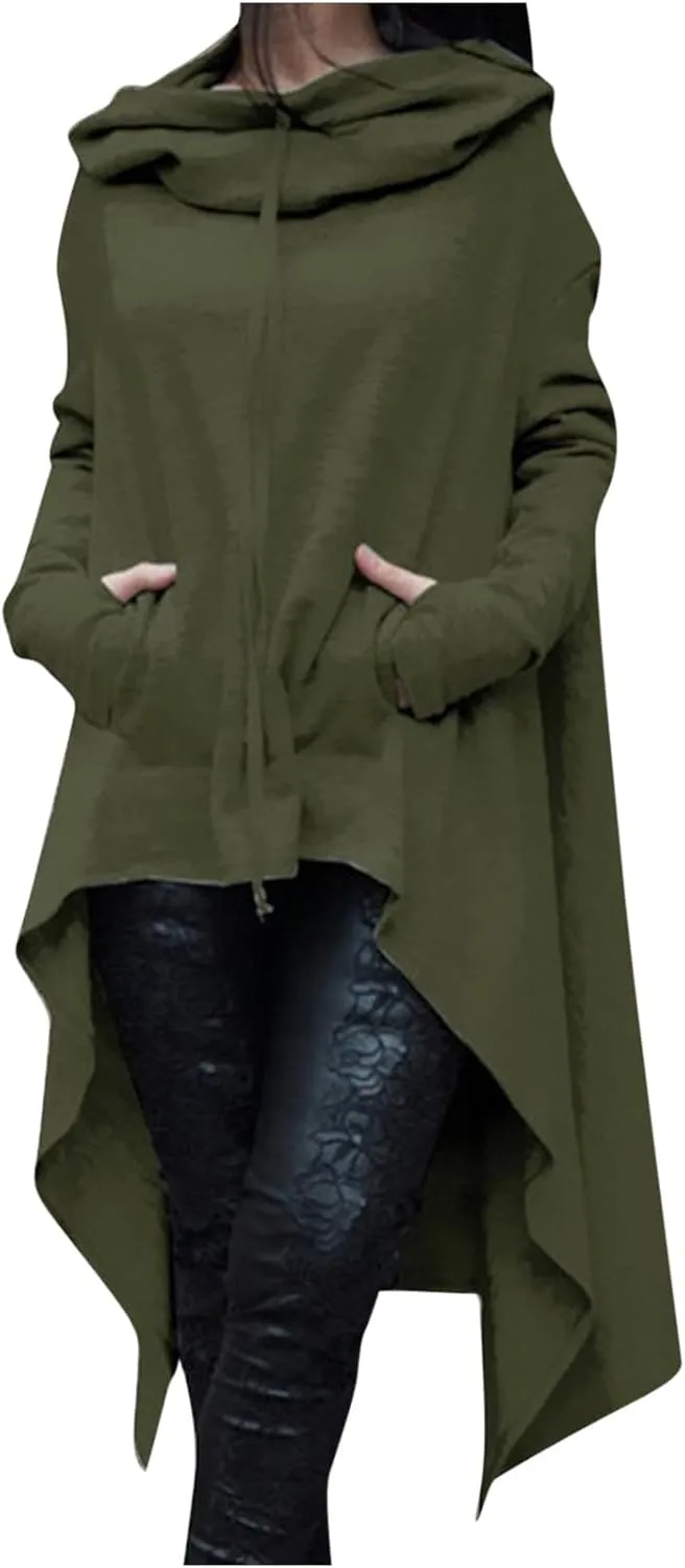 Women's Novelty Cowl Neck Sweatshirts Flowy Asymmetrical Hem Solid Hoodies Preppy Thumb Hole Oversized Pullover