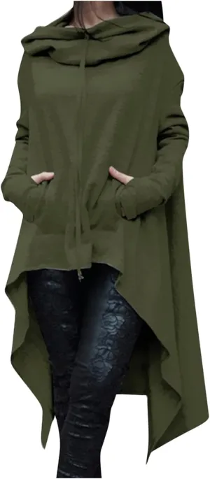 Women's Novelty Cowl Neck Sweatshirts Flowy Asymmetrical Hem Solid Hoodies Preppy Thumb Hole Oversized Pullover