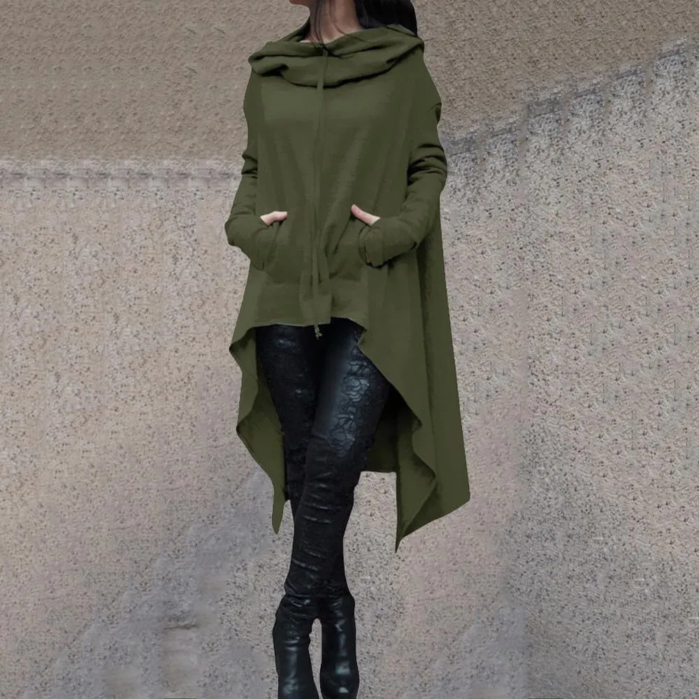 Women's Novelty Cowl Neck Sweatshirts Flowy Asymmetrical Hem Solid Hoodies Preppy Thumb Hole Oversized Pullover