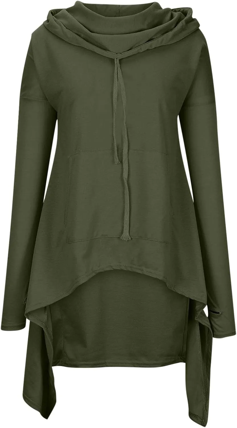 Women's Novelty Cowl Neck Sweatshirts Flowy Asymmetrical Hem Solid Hoodies Preppy Thumb Hole Oversized Pullover