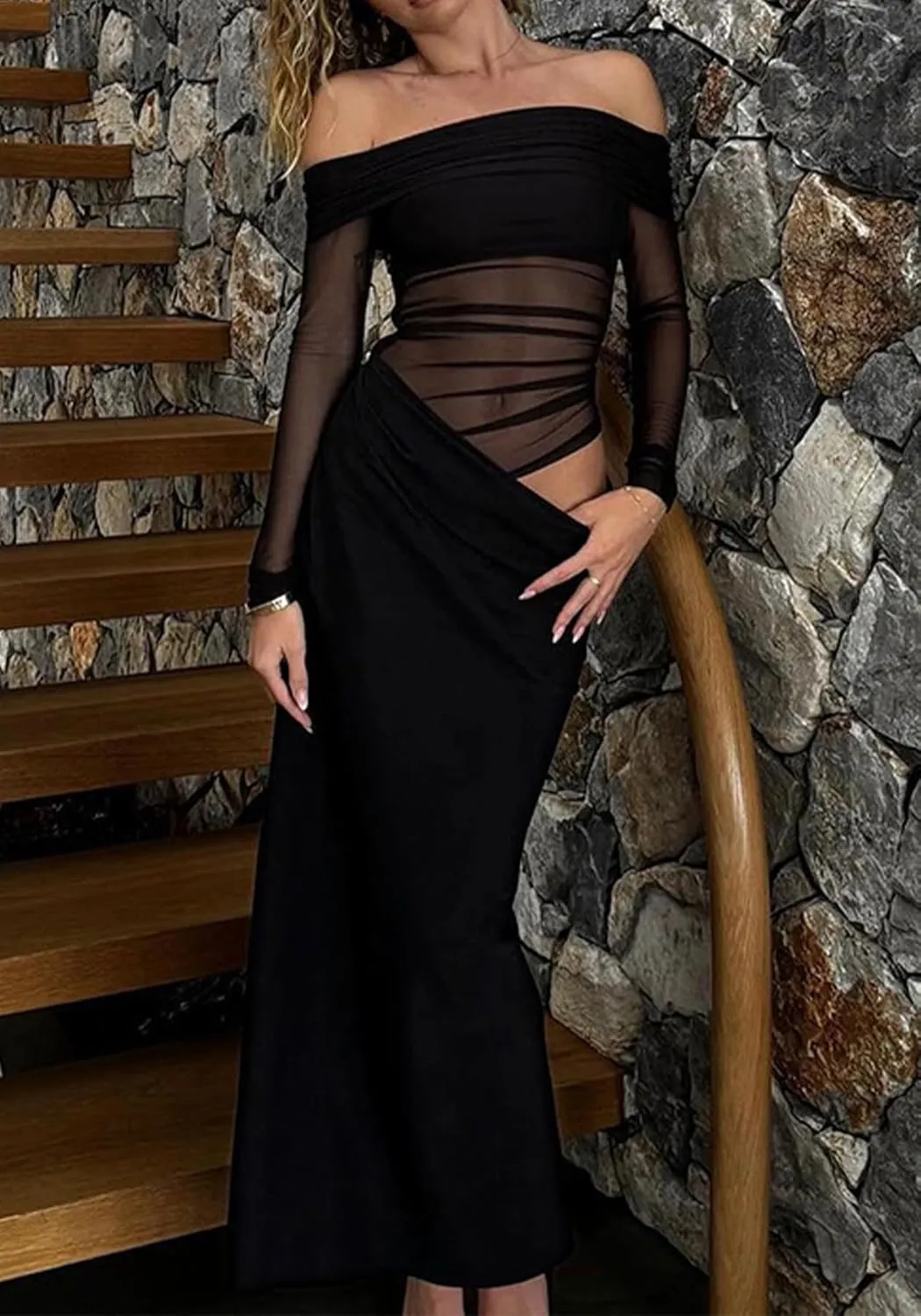 Women's Off Shoulder Maxi Dress Bodycon Strapless Mesh Dress Long Sleeve Ruched Club Dresses Party