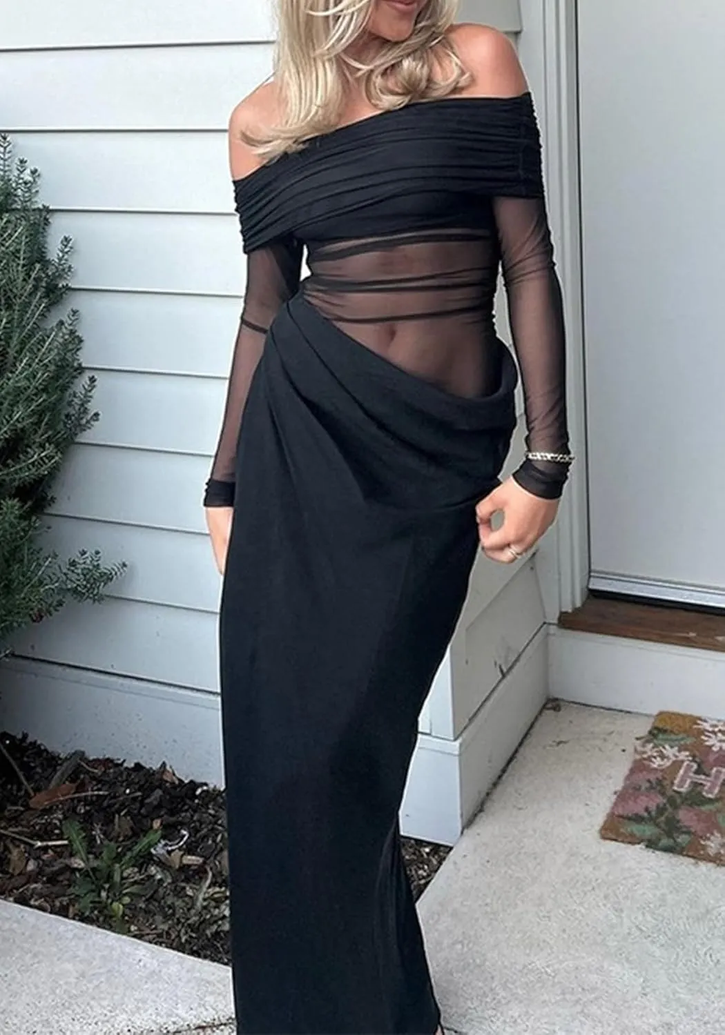 Women's Off Shoulder Maxi Dress Bodycon Strapless Mesh Dress Long Sleeve Ruched Club Dresses Party