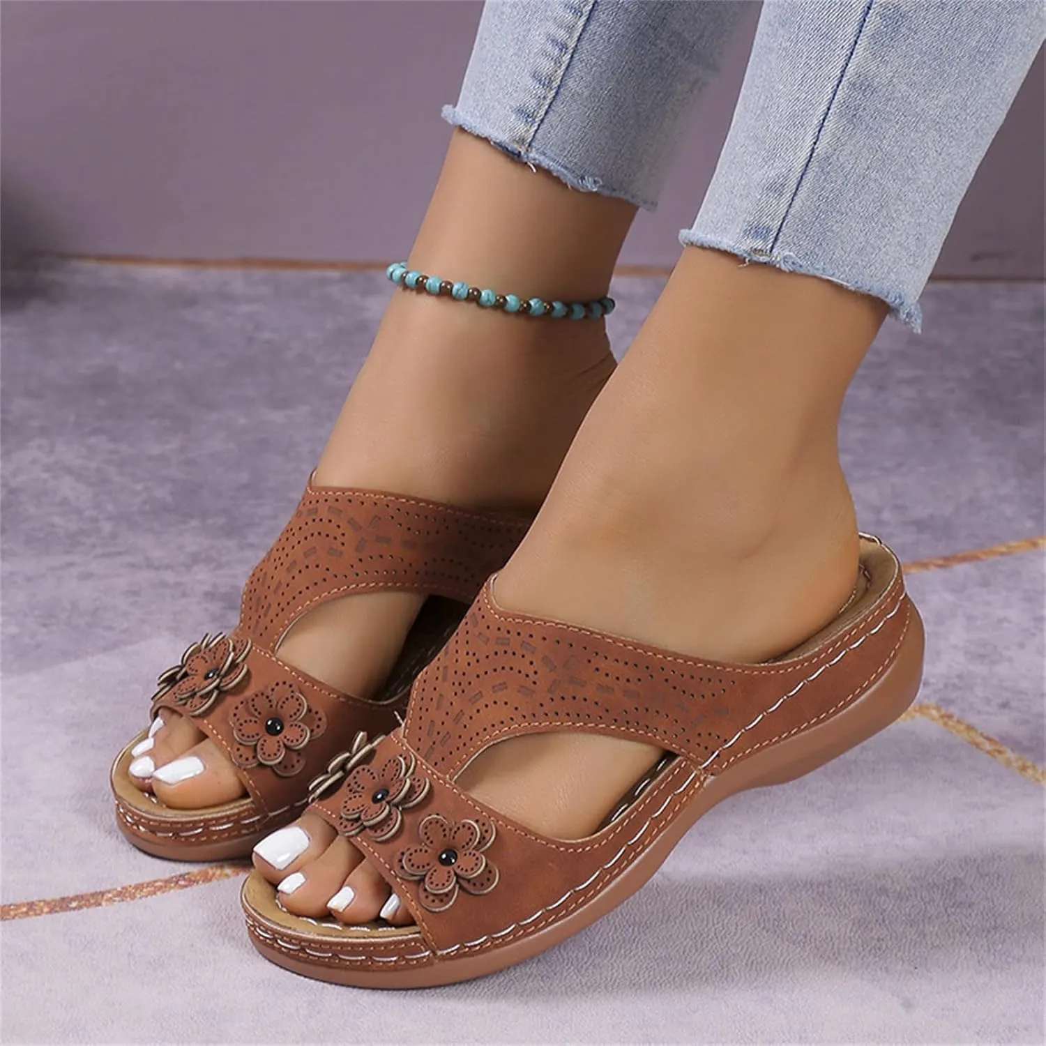 Women's Orthopedic Slippers Wedge Sandals for Women 2025 Summer Arch Support Hollow Breathable Holes Flowers Sandals Fish Mouth Open Toe Slippers Beach Casual Walking Shoes