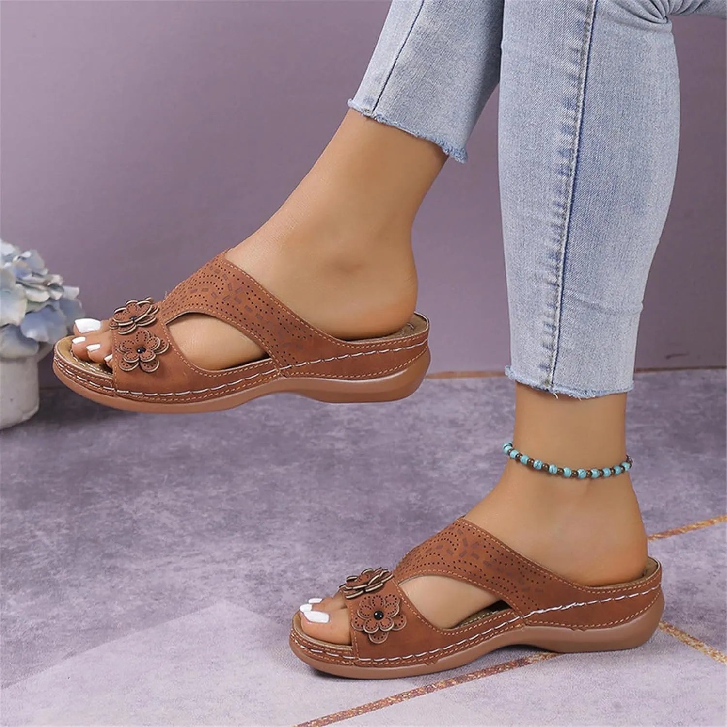 Women's Orthopedic Slippers Wedge Sandals for Women 2025 Summer Arch Support Hollow Breathable Holes Flowers Sandals Fish Mouth Open Toe Slippers Beach Casual Walking Shoes