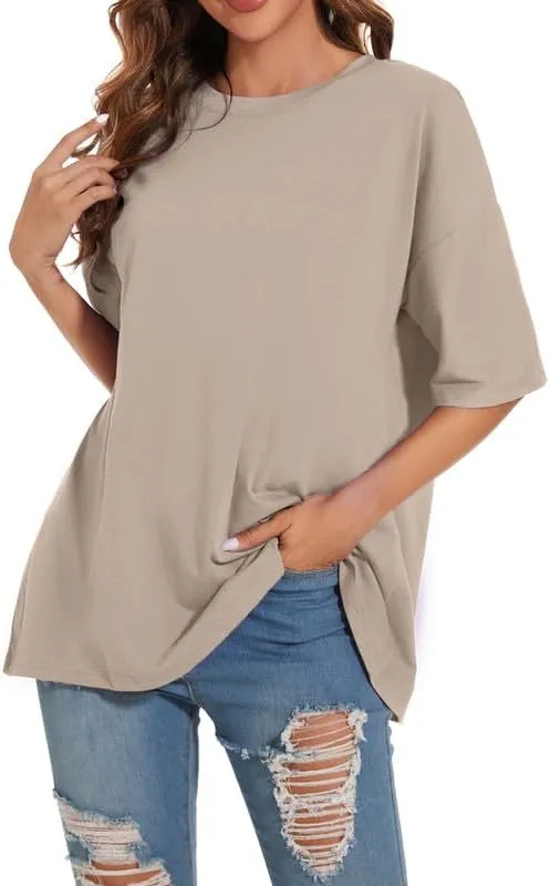 Women's Oversized T Shirts Round Neck Striped Tees Summer Half Sleeve Casual Comfy Cozy Cotton Tunic Tops