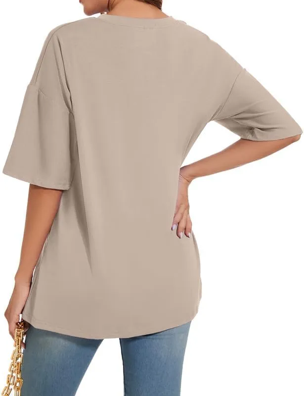 Women's Oversized T Shirts Round Neck Striped Tees Summer Half Sleeve Casual Comfy Cozy Cotton Tunic Tops