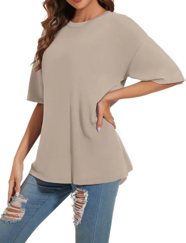 Women's Oversized T Shirts Round Neck Striped Tees Summer Half Sleeve Casual Comfy Cozy Cotton Tunic Tops