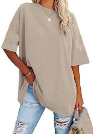 Women's Oversized T Shirts Round Neck Striped Tees Summer Half Sleeve Casual Comfy Cozy Cotton Tunic Tops