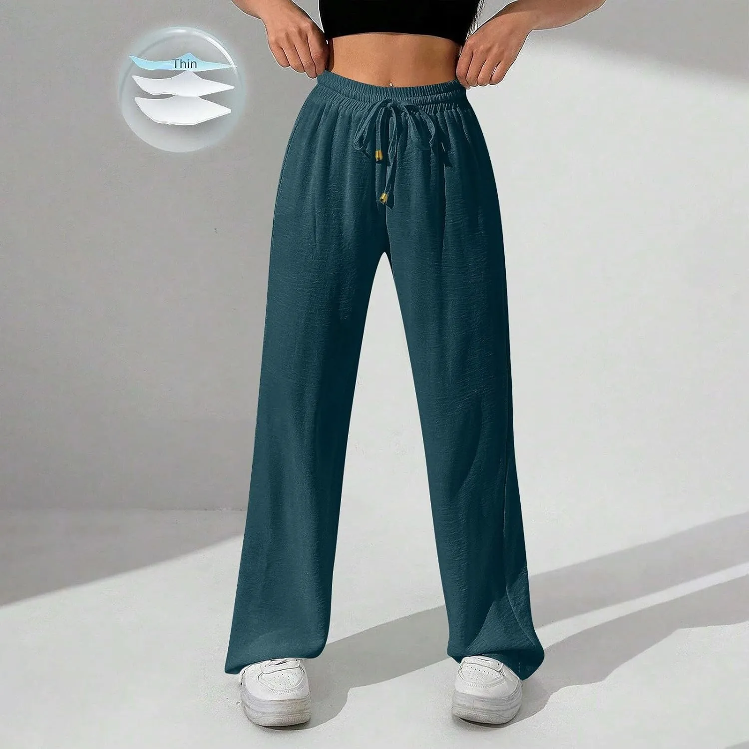 Womens Palazzo Pants Baggy Linen Pants Drawstring High Waisted Summer Work Wide Leg Pant Casual Trouser with Pockets