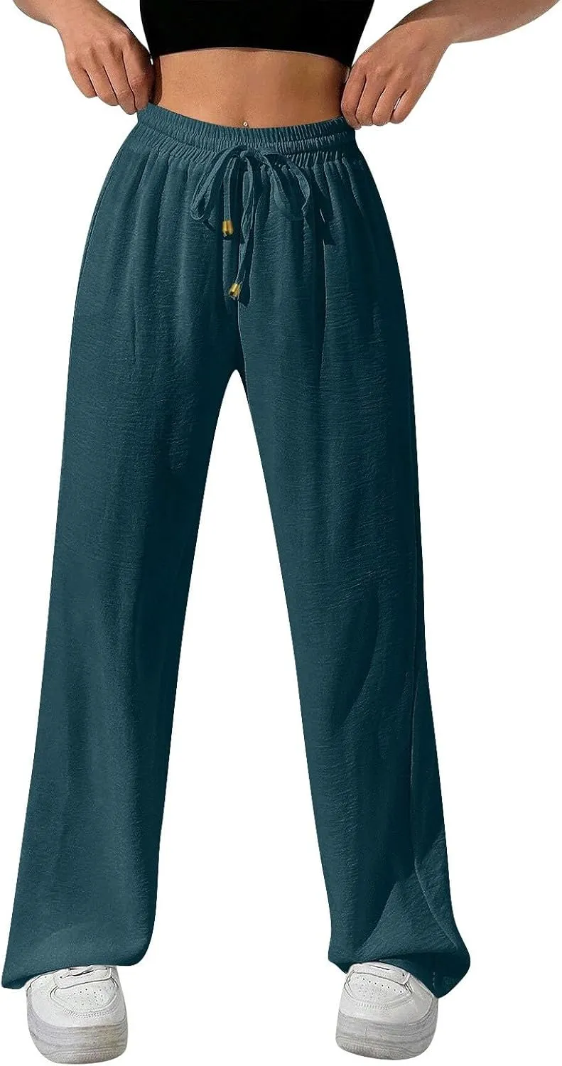 Womens Palazzo Pants Baggy Linen Pants Drawstring High Waisted Summer Work Wide Leg Pant Casual Trouser with Pockets