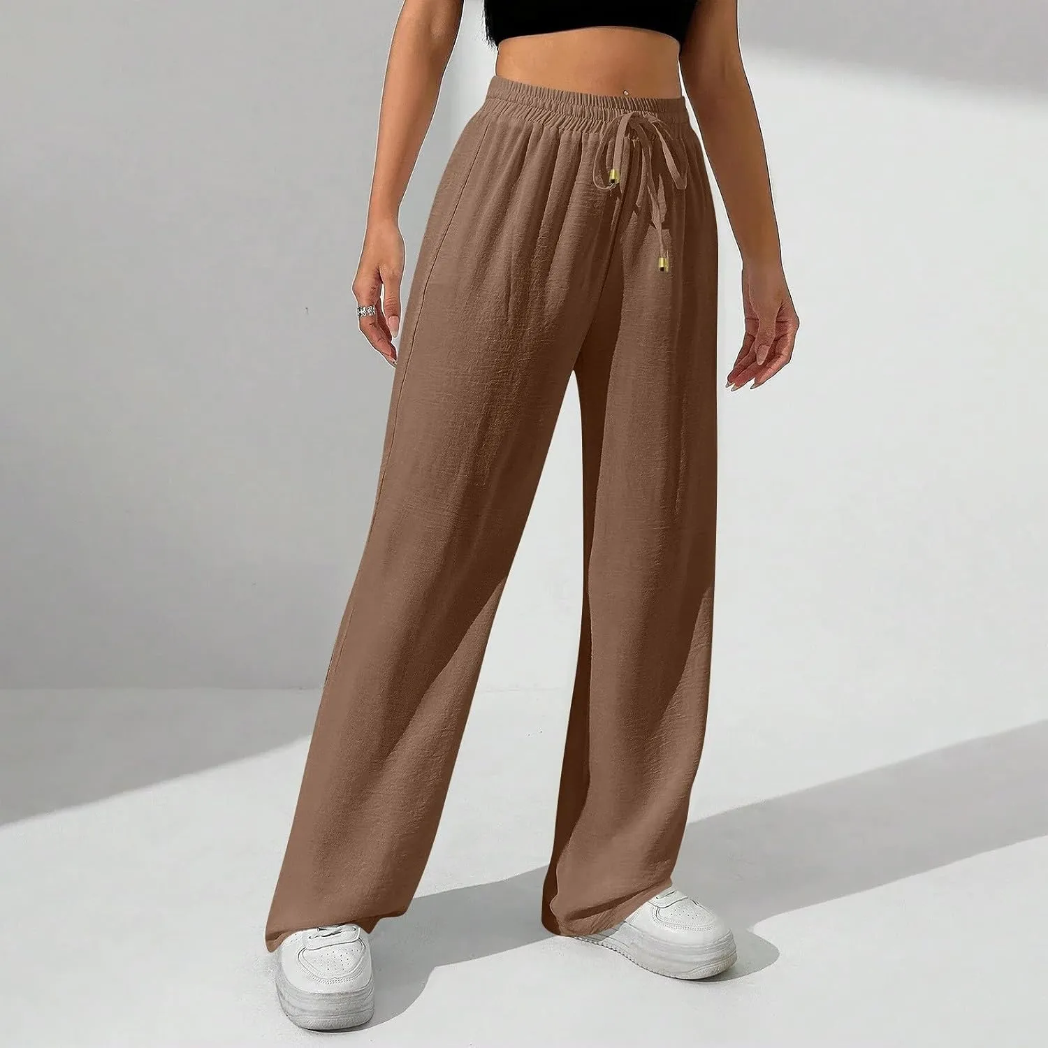Womens Palazzo Pants Baggy Linen Pants Drawstring High Waisted Summer Work Wide Leg Pant Casual Trouser with Pockets