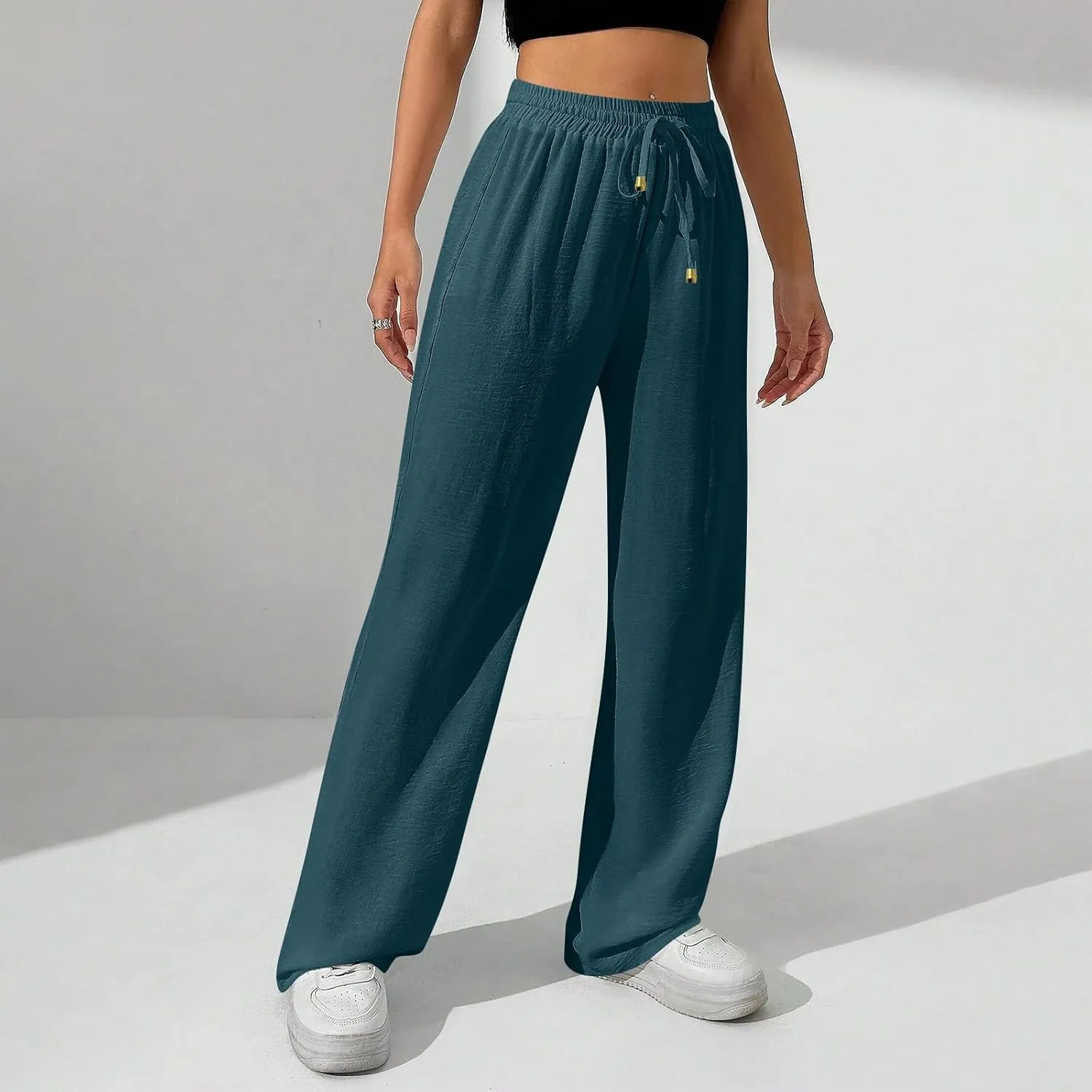Womens Palazzo Pants Baggy Linen Pants Drawstring High Waisted Summer Work Wide Leg Pant Casual Trouser with Pockets