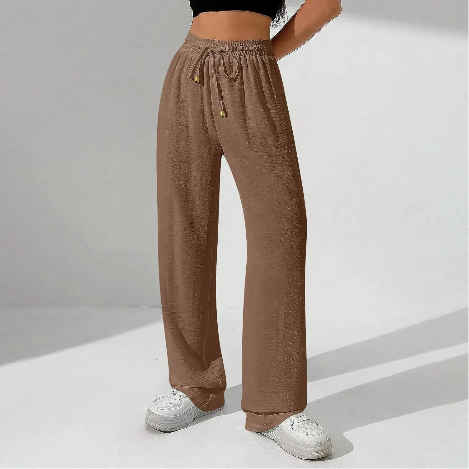 Womens Palazzo Pants Baggy Linen Pants Drawstring High Waisted Summer Work Wide Leg Pant Casual Trouser with Pockets