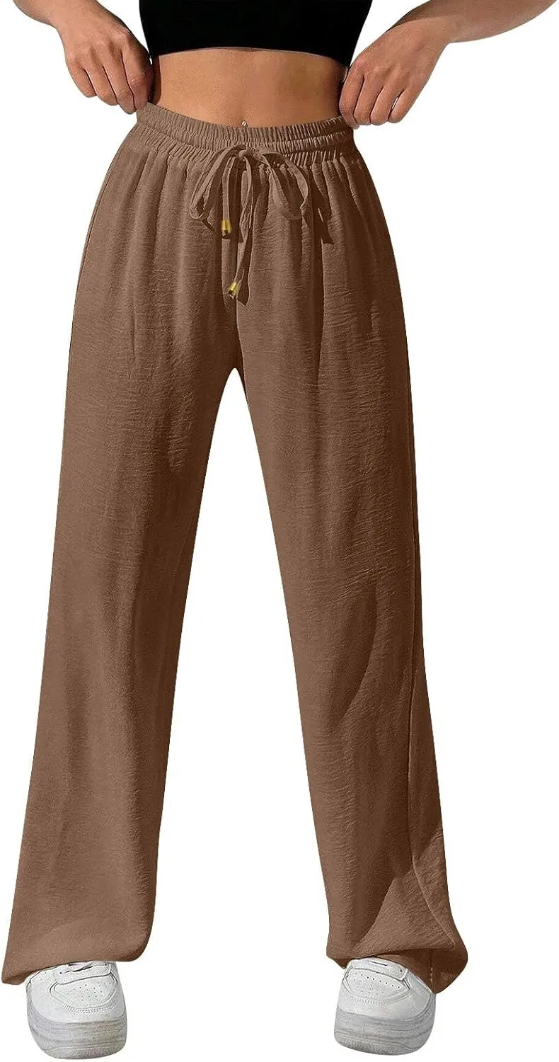 Womens Palazzo Pants Baggy Linen Pants Drawstring High Waisted Summer Work Wide Leg Pant Casual Trouser with Pockets
