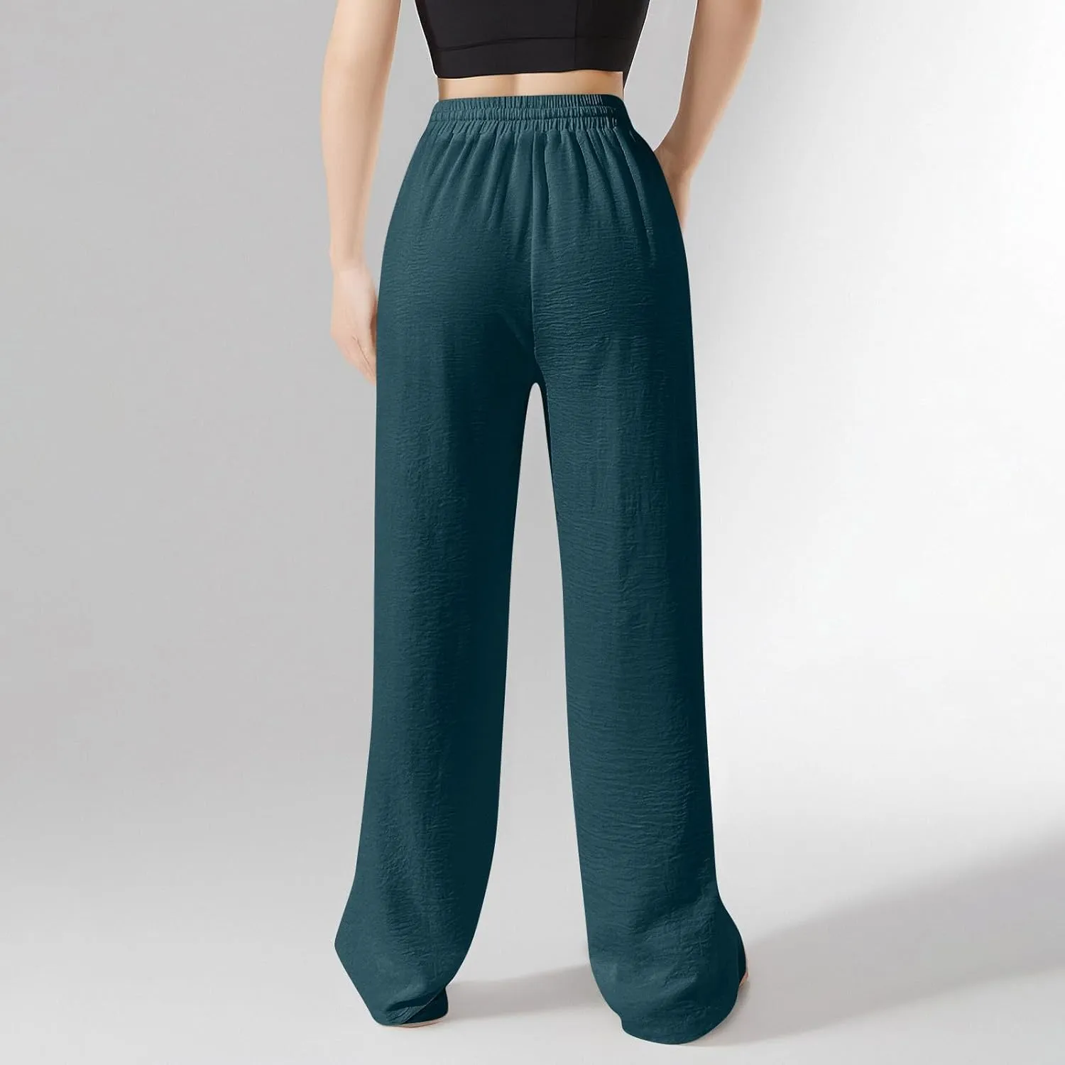 Womens Palazzo Pants Baggy Linen Pants Drawstring High Waisted Summer Work Wide Leg Pant Casual Trouser with Pockets
