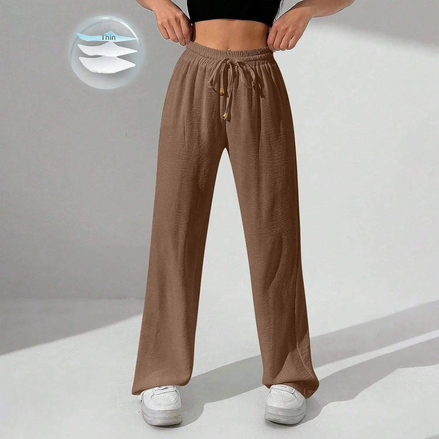 Womens Palazzo Pants Baggy Linen Pants Drawstring High Waisted Summer Work Wide Leg Pant Casual Trouser with Pockets