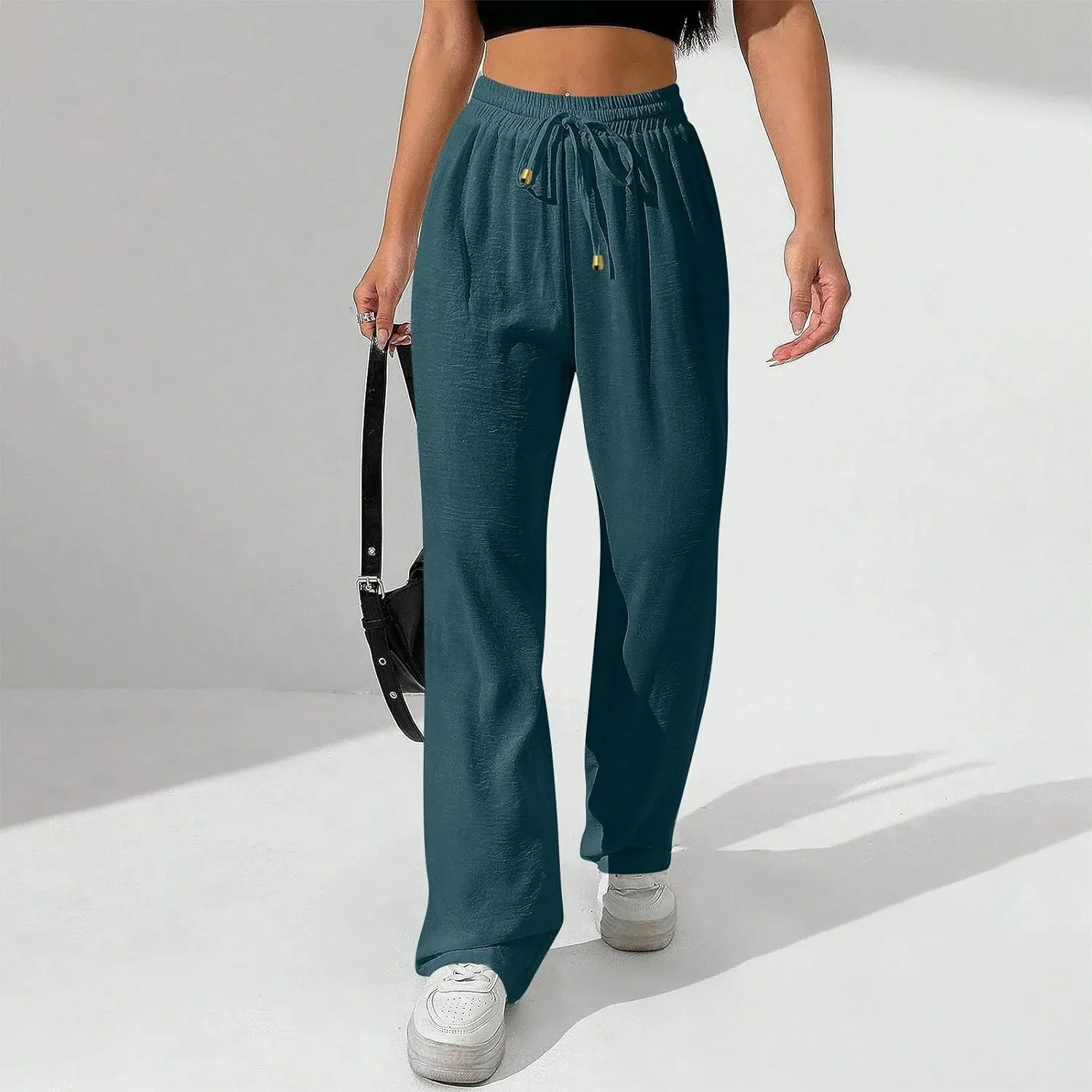 Womens Palazzo Pants Baggy Linen Pants Drawstring High Waisted Summer Work Wide Leg Pant Casual Trouser with Pockets