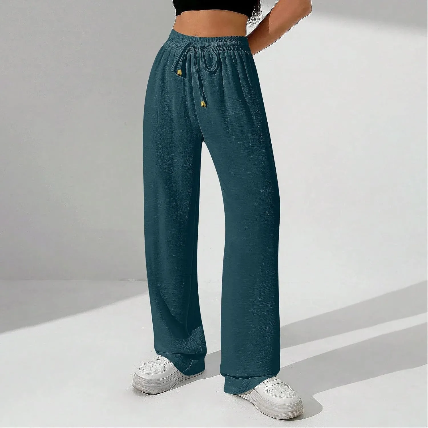 Womens Palazzo Pants Baggy Linen Pants Drawstring High Waisted Summer Work Wide Leg Pant Casual Trouser with Pockets