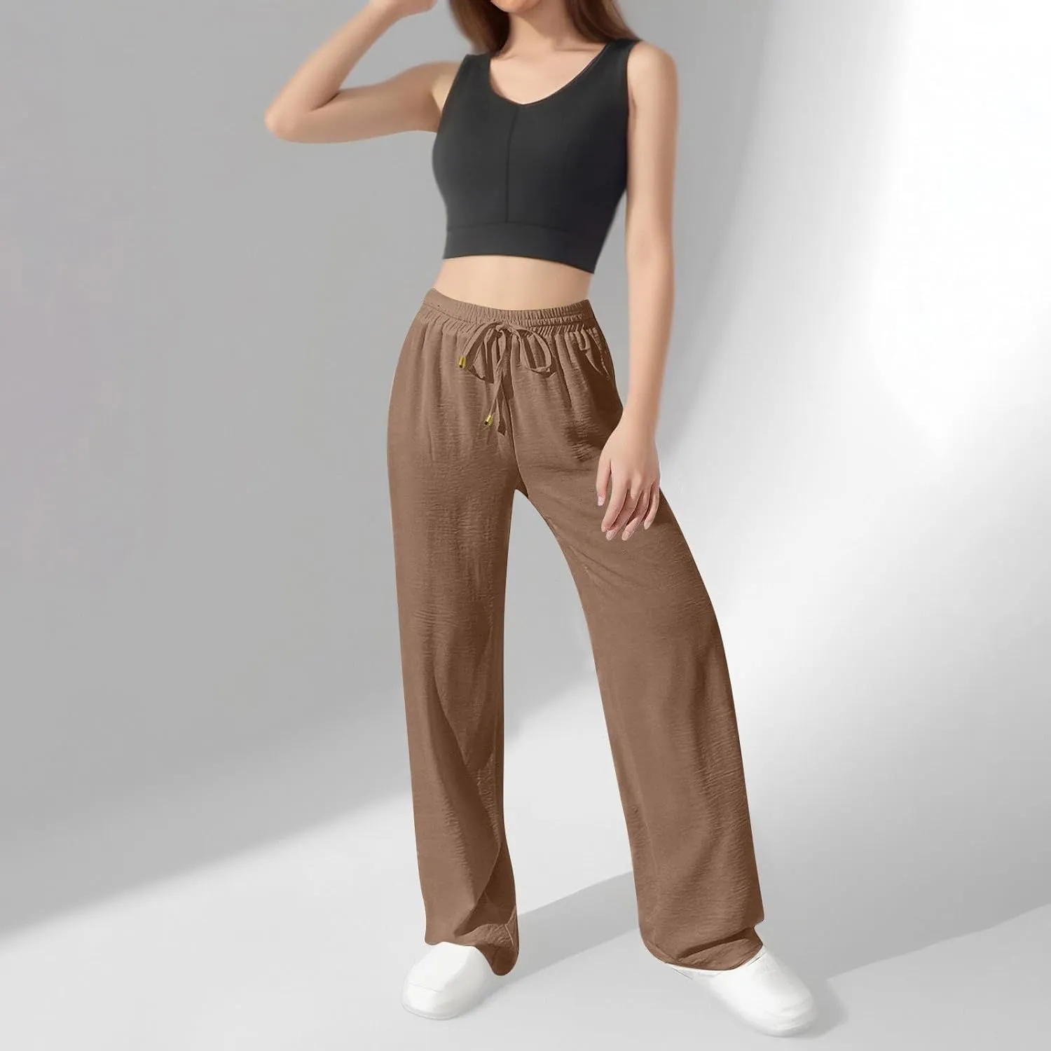 Womens Palazzo Pants Baggy Linen Pants Drawstring High Waisted Summer Work Wide Leg Pant Casual Trouser with Pockets