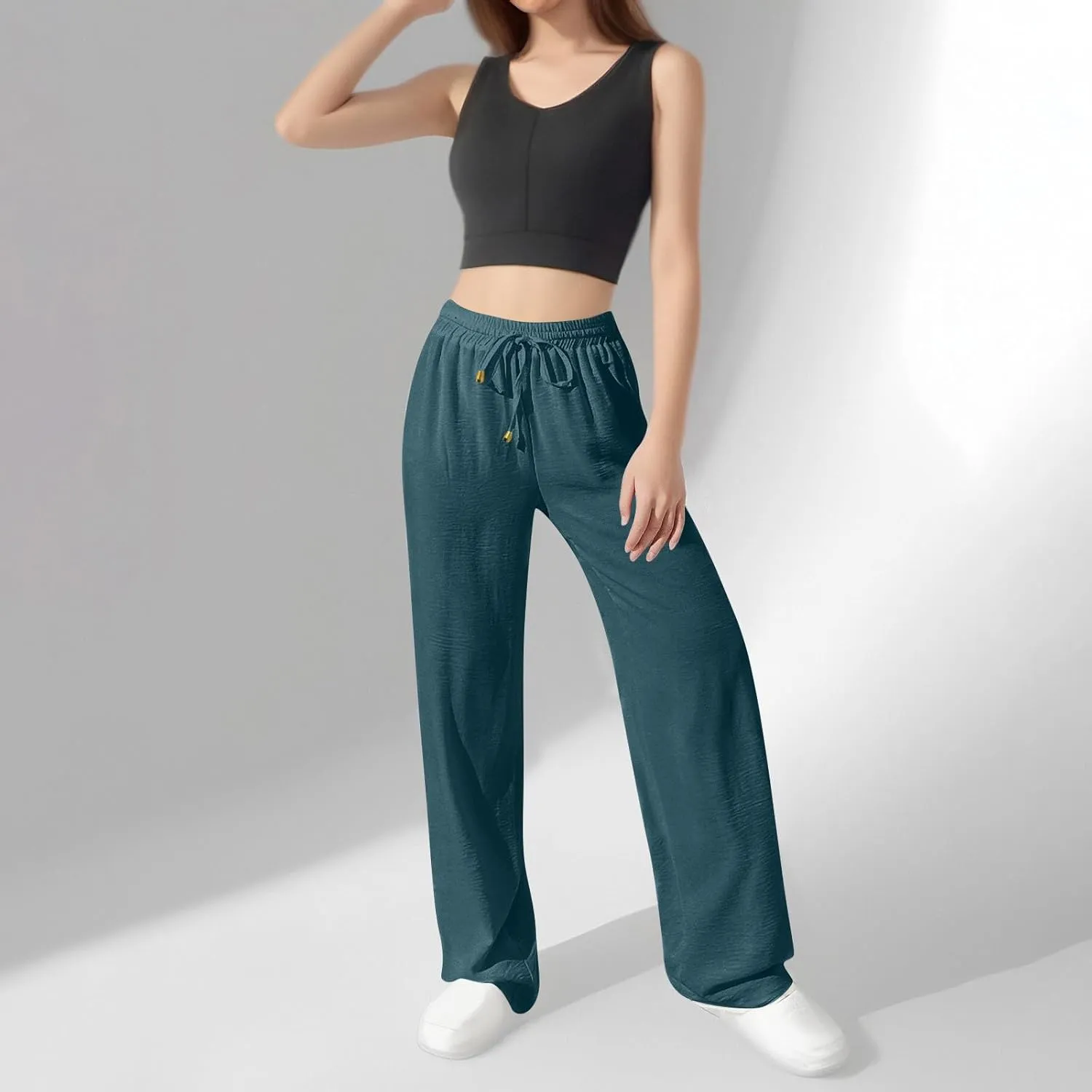 Womens Palazzo Pants Baggy Linen Pants Drawstring High Waisted Summer Work Wide Leg Pant Casual Trouser with Pockets