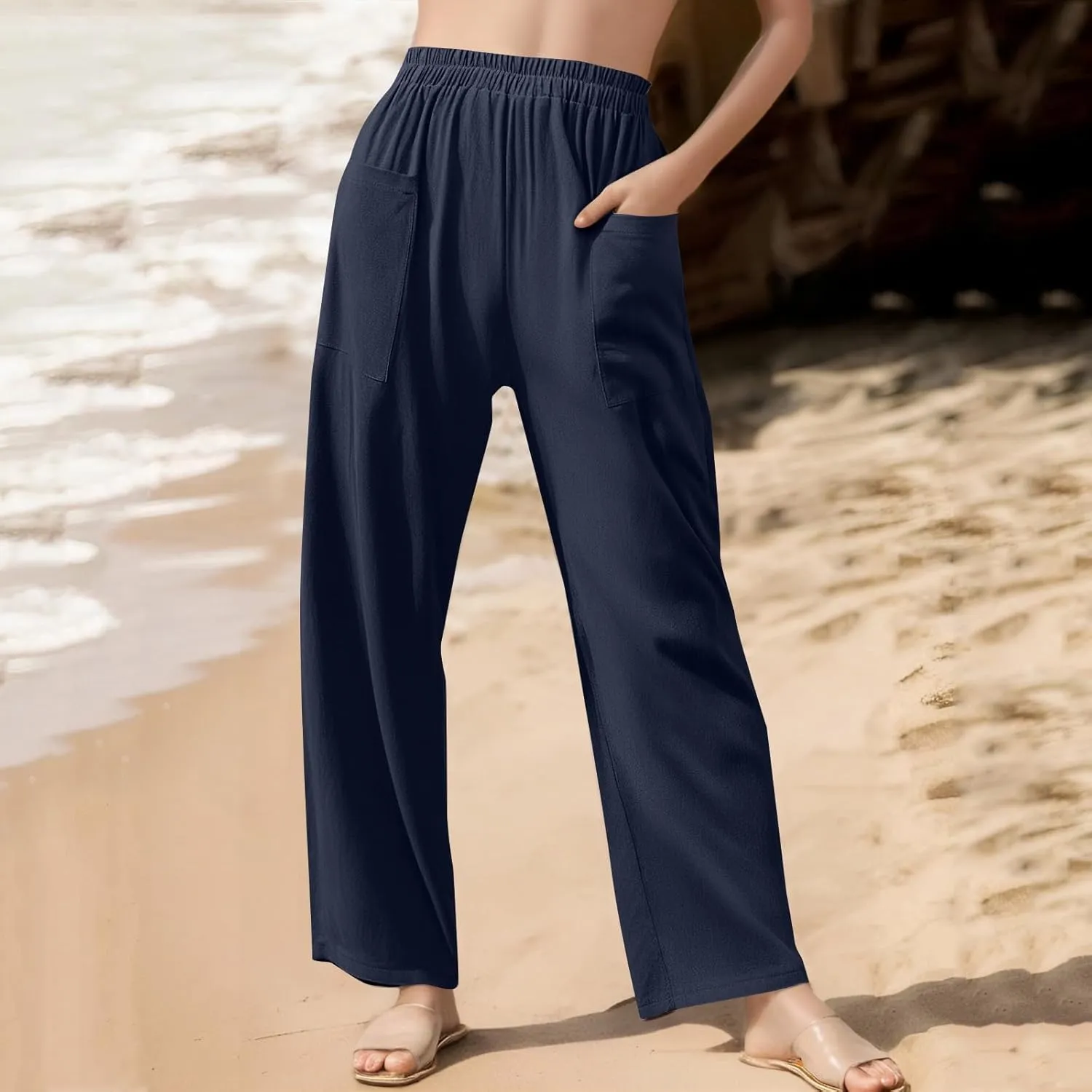 Womens Palazzo Pants Casual Beach Linen Pants High Waist Summer Casual Wide Leg Pant Loose Trouser with Pockets
