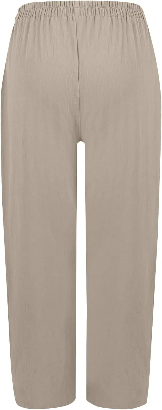 Womens Palazzo Pants Casual Beach Linen Pants High Waist Summer Casual Wide Leg Pant Loose Trouser with Pockets