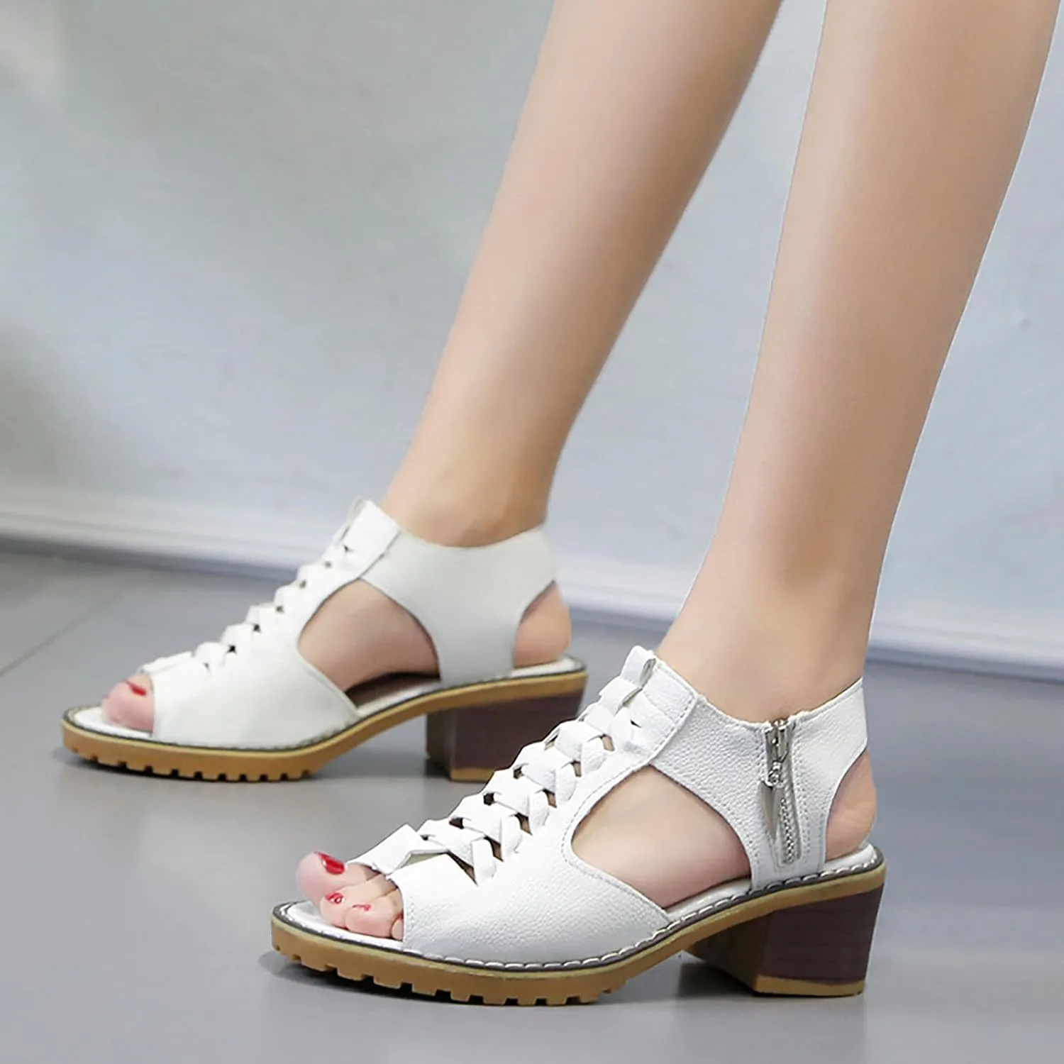 Women's Peep Toe Cutout Orthotic Sandals Zipper Chunky Heeled Comfy Wedge Sandals with Arch Support Fish Mouth Round Toe Dress Shoes