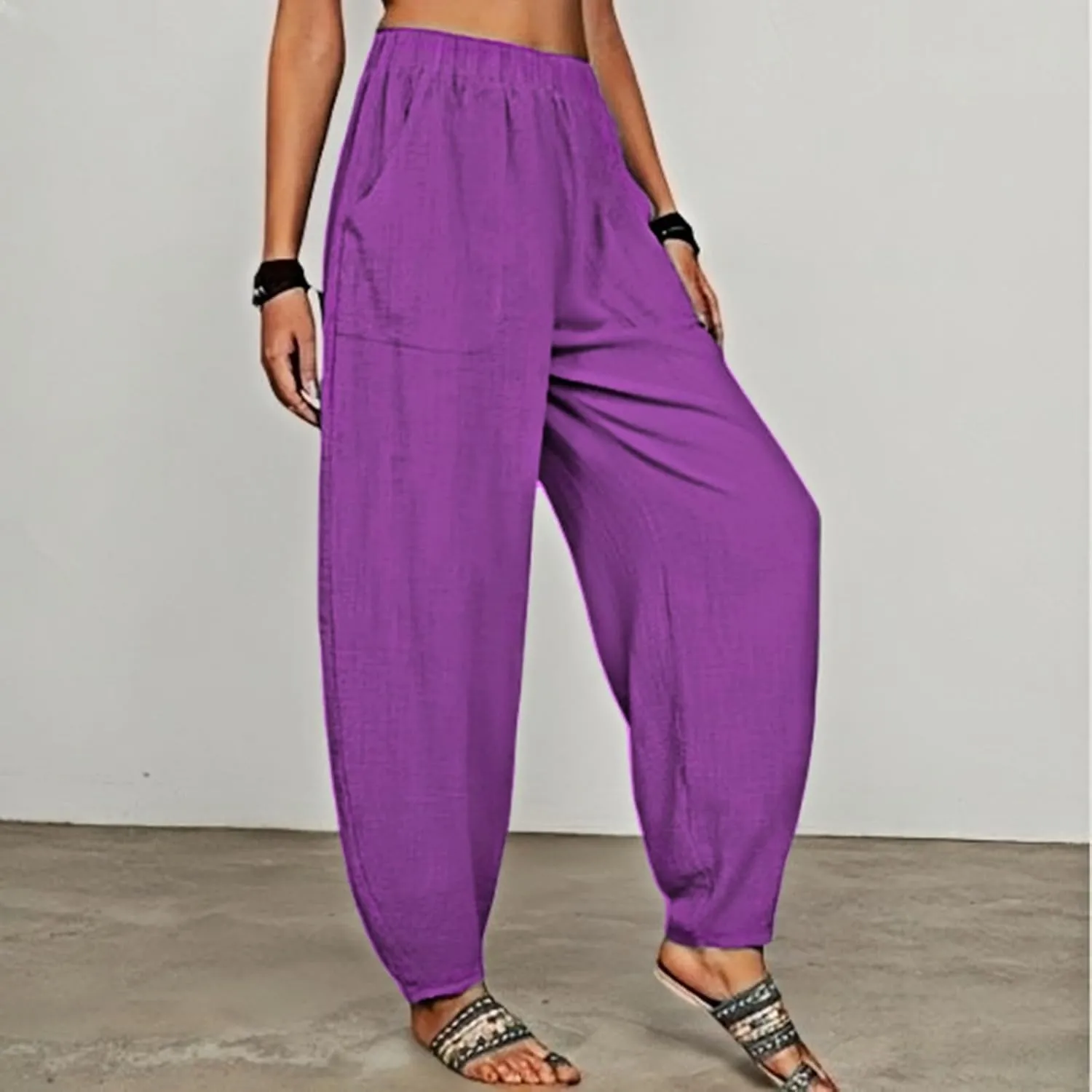 Womens Plus Size Linen Pants 2025 Casual Loose High Waisted Pants Beach Pants Summer Lounge Comfy Trousers with Pockets