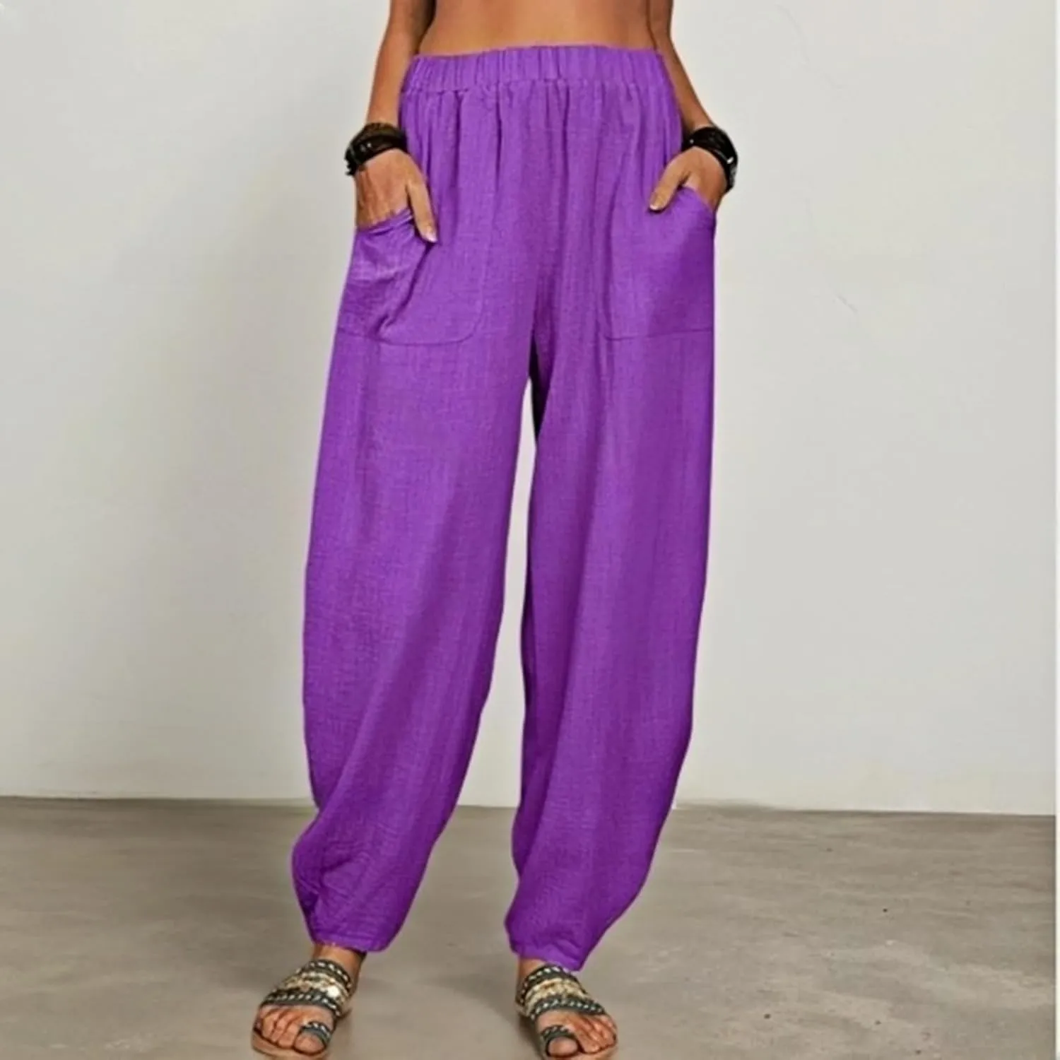 Womens Plus Size Linen Pants 2025 Casual Loose High Waisted Pants Beach Pants Summer Lounge Comfy Trousers with Pockets
