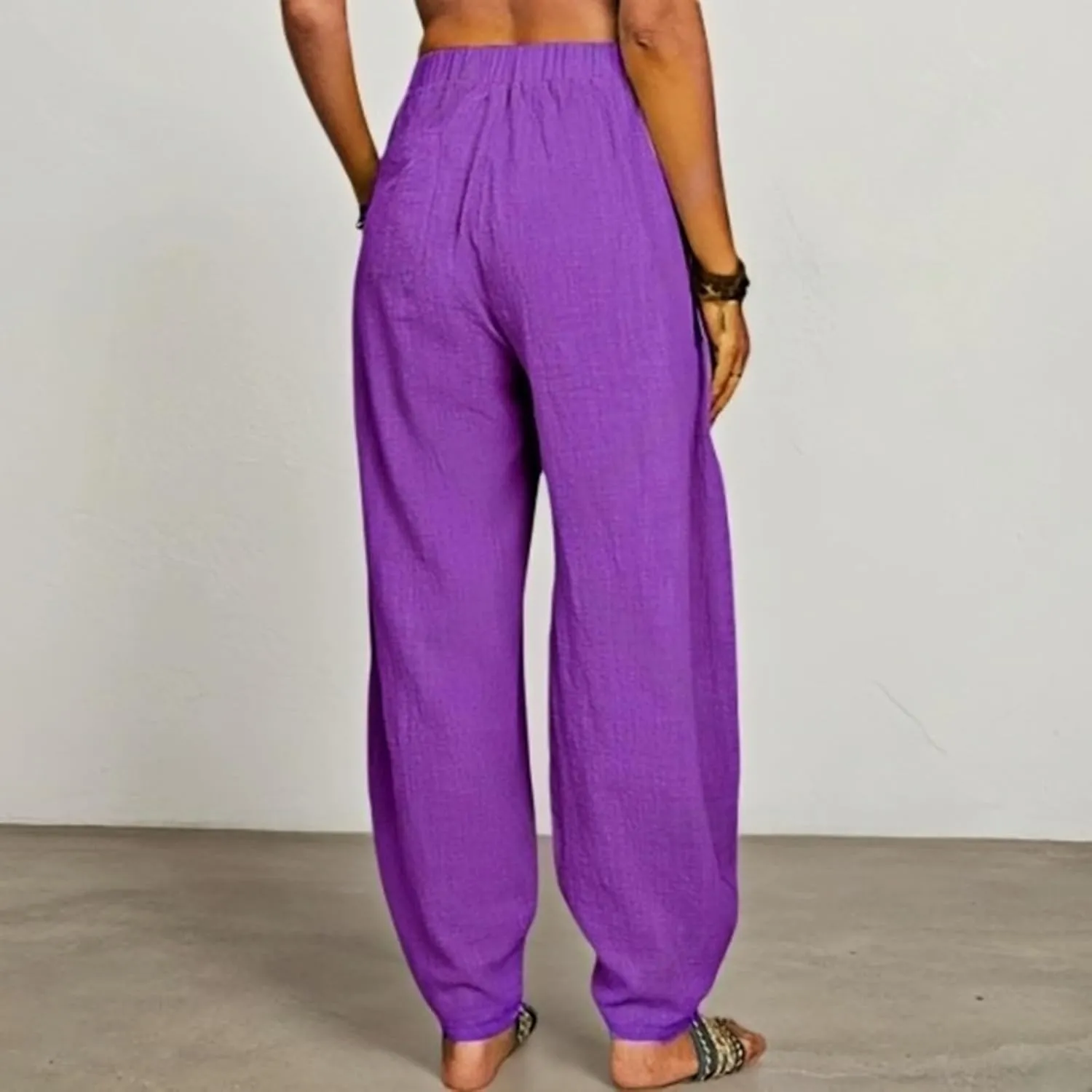 Womens Plus Size Linen Pants 2025 Casual Loose High Waisted Pants Beach Pants Summer Lounge Comfy Trousers with Pockets