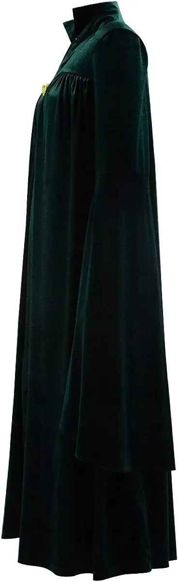 Womens Professor McGonagall Costume Green Jumpsuits Velvet Cloak Sorceress Halloween Witch Cosplay Robe