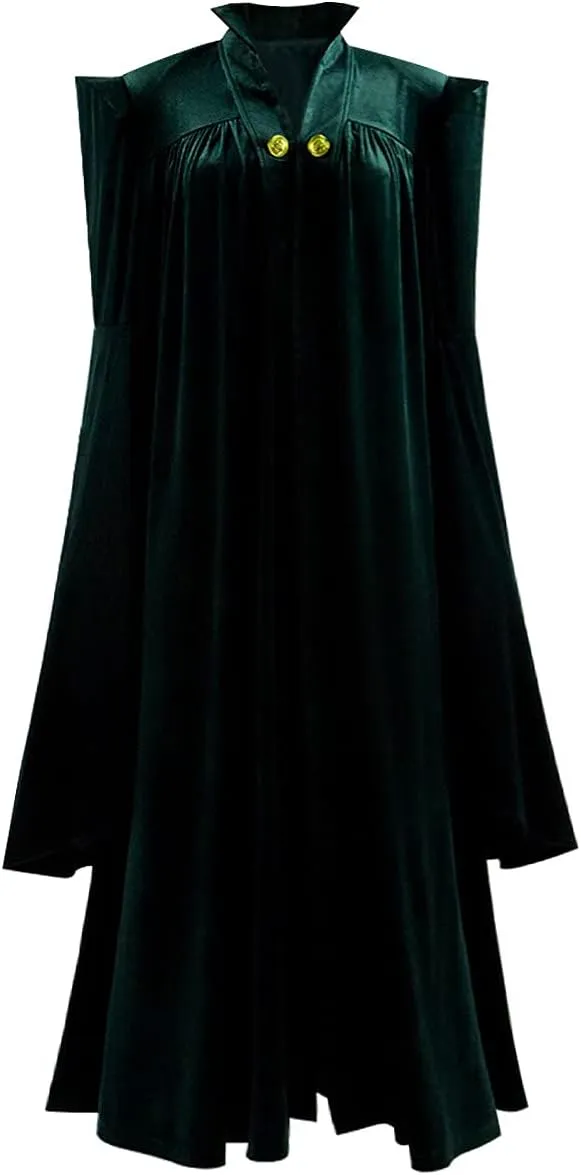Womens Professor McGonagall Costume Green Jumpsuits Velvet Cloak Sorceress Halloween Witch Cosplay Robe