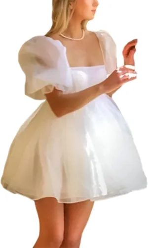 Womens Puff Sleeve Square Neck Puffy Dress Babydoll Mesh Mini Dress High Rise Flare Organza Party Dress
