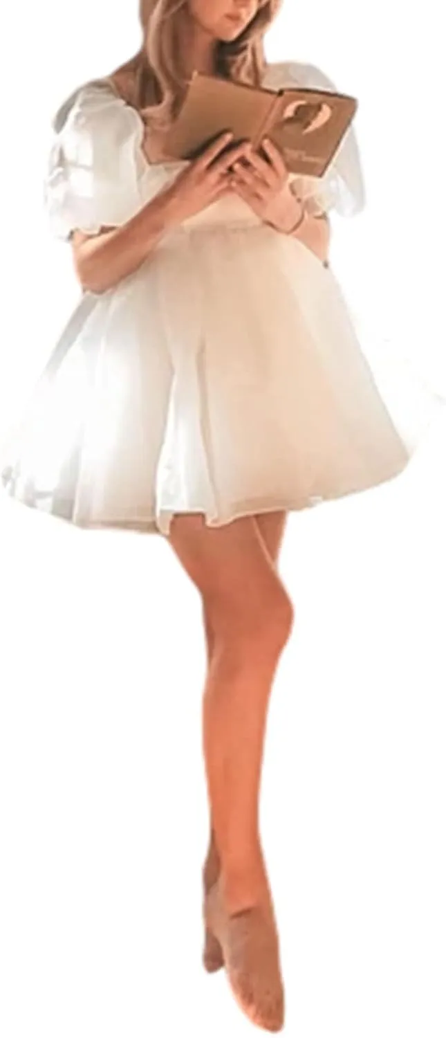 Womens Puff Sleeve Square Neck Puffy Dress Babydoll Mesh Mini Dress High Rise Flare Organza Party Dress