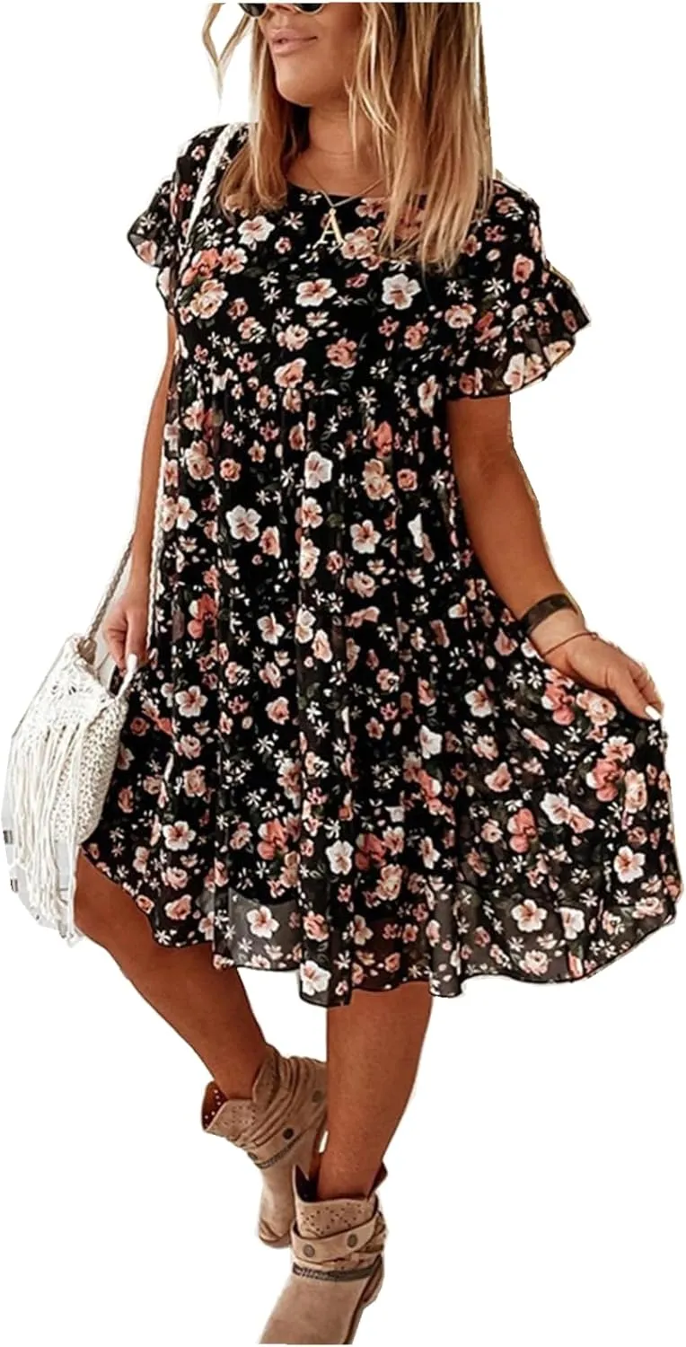 Womens Ruffle Sleeve Babydoll Dress Cute Crewneck Floral Dress Boho Ruffles Tiered Flowy Mini Short Dresses