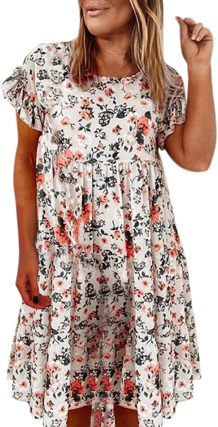 Womens Ruffle Sleeve Babydoll Dress Cute Crewneck Floral Dress Boho Ruffles Tiered Flowy Mini Short Dresses