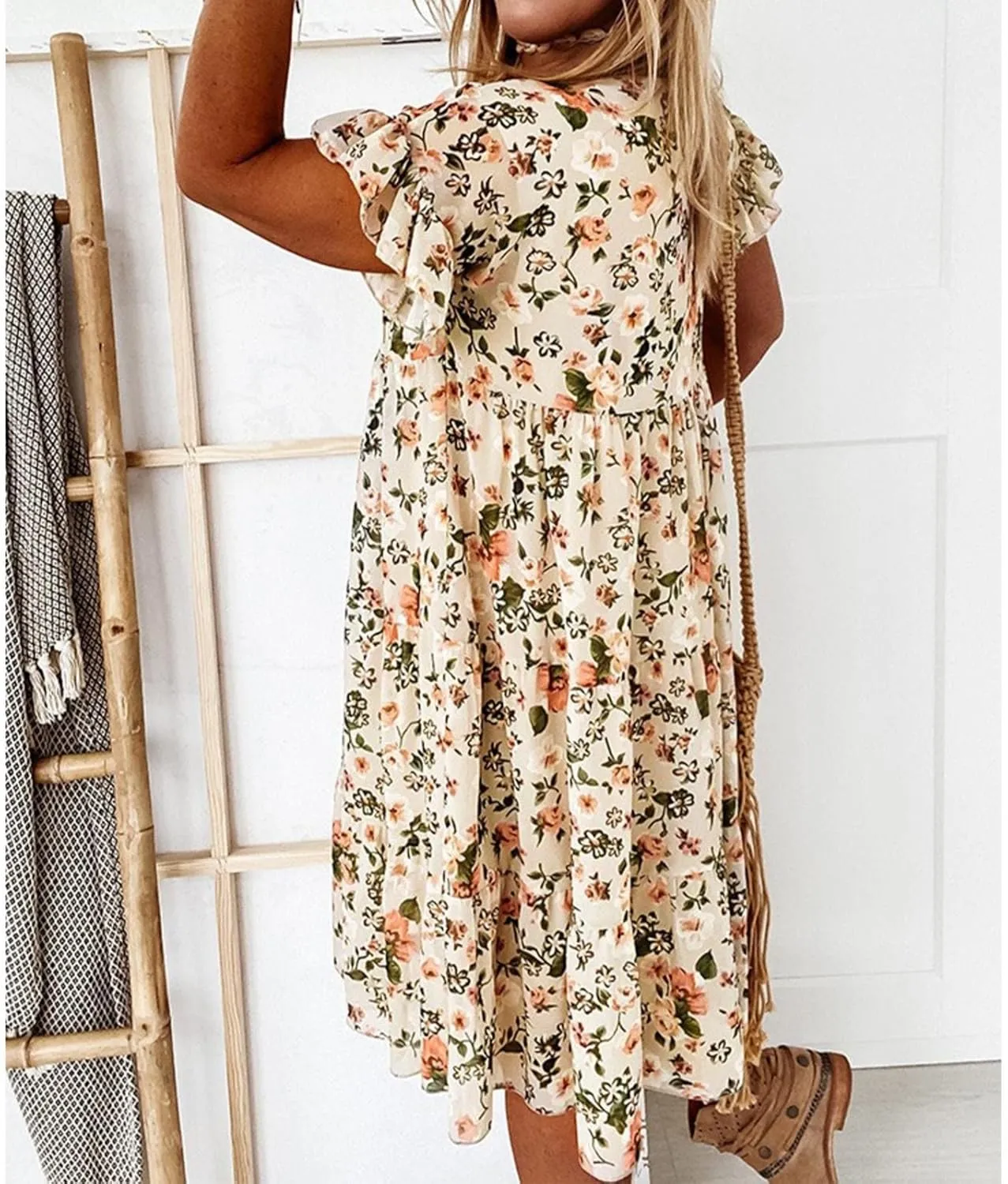 Womens Ruffle Sleeve Babydoll Dress Cute Crewneck Floral Dress Boho Ruffles Tiered Flowy Mini Short Dresses