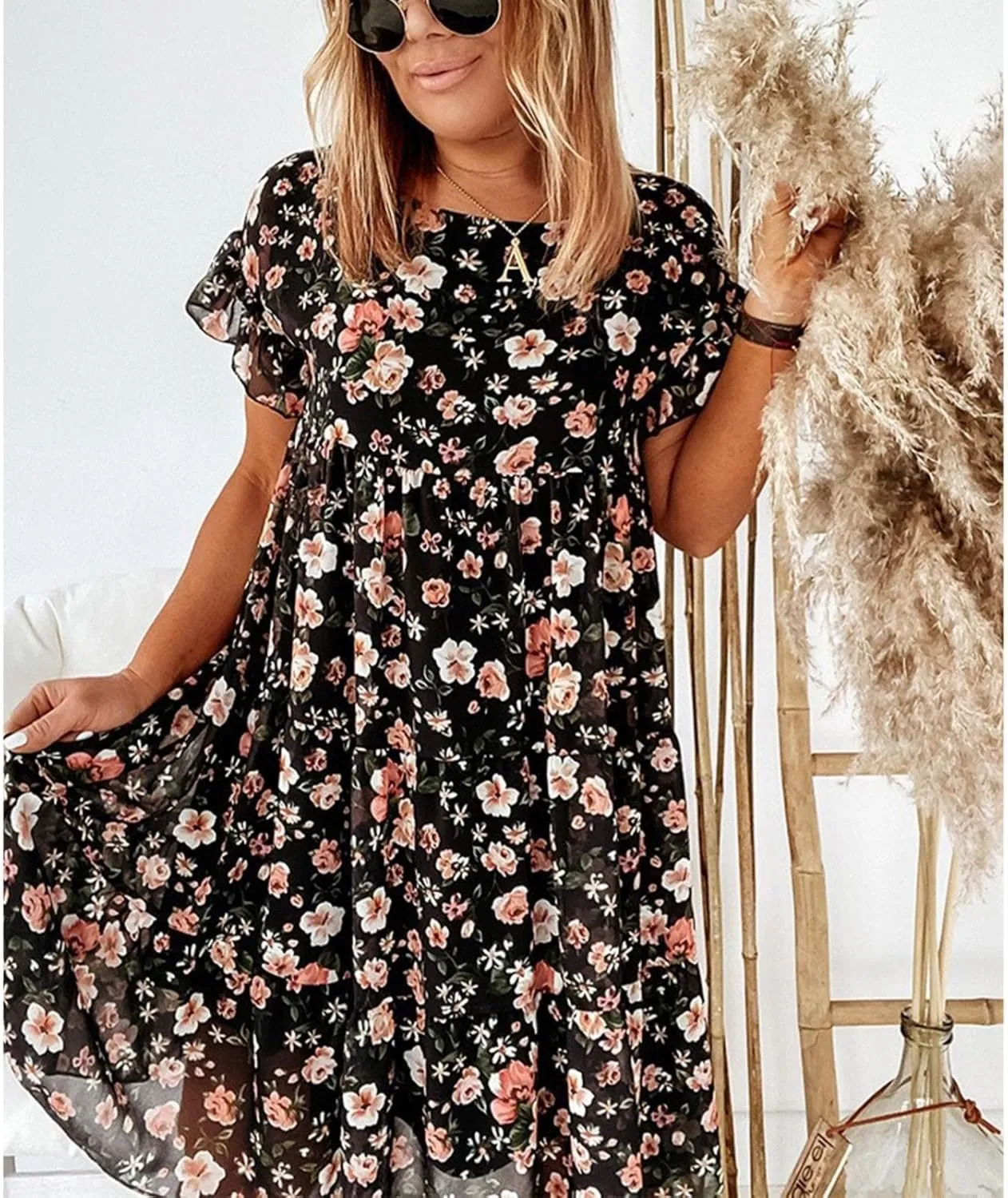 Womens Ruffle Sleeve Babydoll Dress Cute Crewneck Floral Dress Boho Ruffles Tiered Flowy Mini Short Dresses