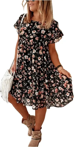 Womens Ruffle Sleeve Babydoll Dress Cute Crewneck Floral Dress Boho Ruffles Tiered Flowy Mini Short Dresses