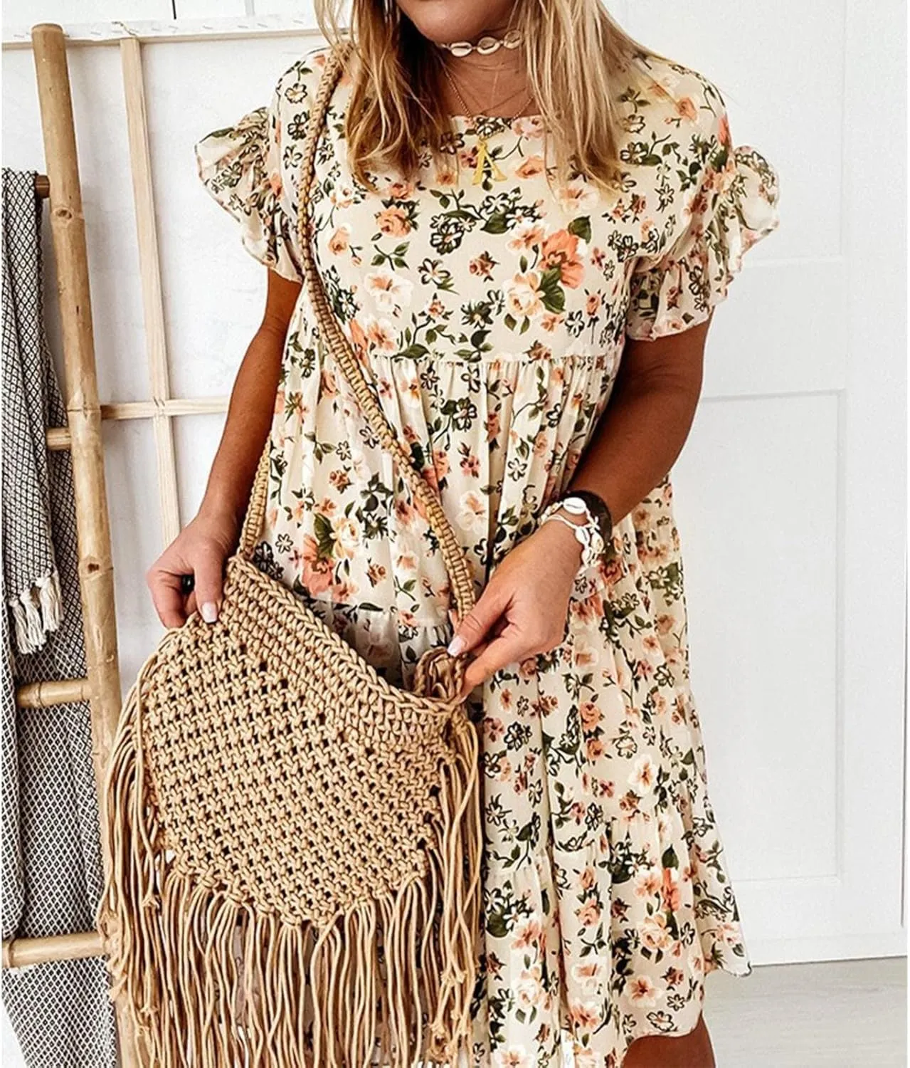 Womens Ruffle Sleeve Babydoll Dress Cute Crewneck Floral Dress Boho Ruffles Tiered Flowy Mini Short Dresses