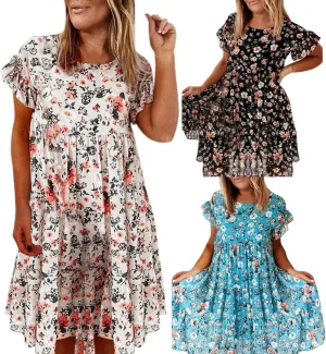 Womens Ruffle Sleeve Babydoll Dress Cute Crewneck Floral Dress Boho Ruffles Tiered Flowy Mini Short Dresses