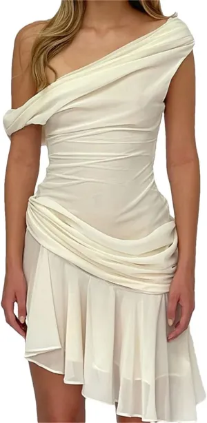 Women's Ruffled Off-Shoulder Mini Dress Backless Slim Mesh Patchwork High Waist Dress