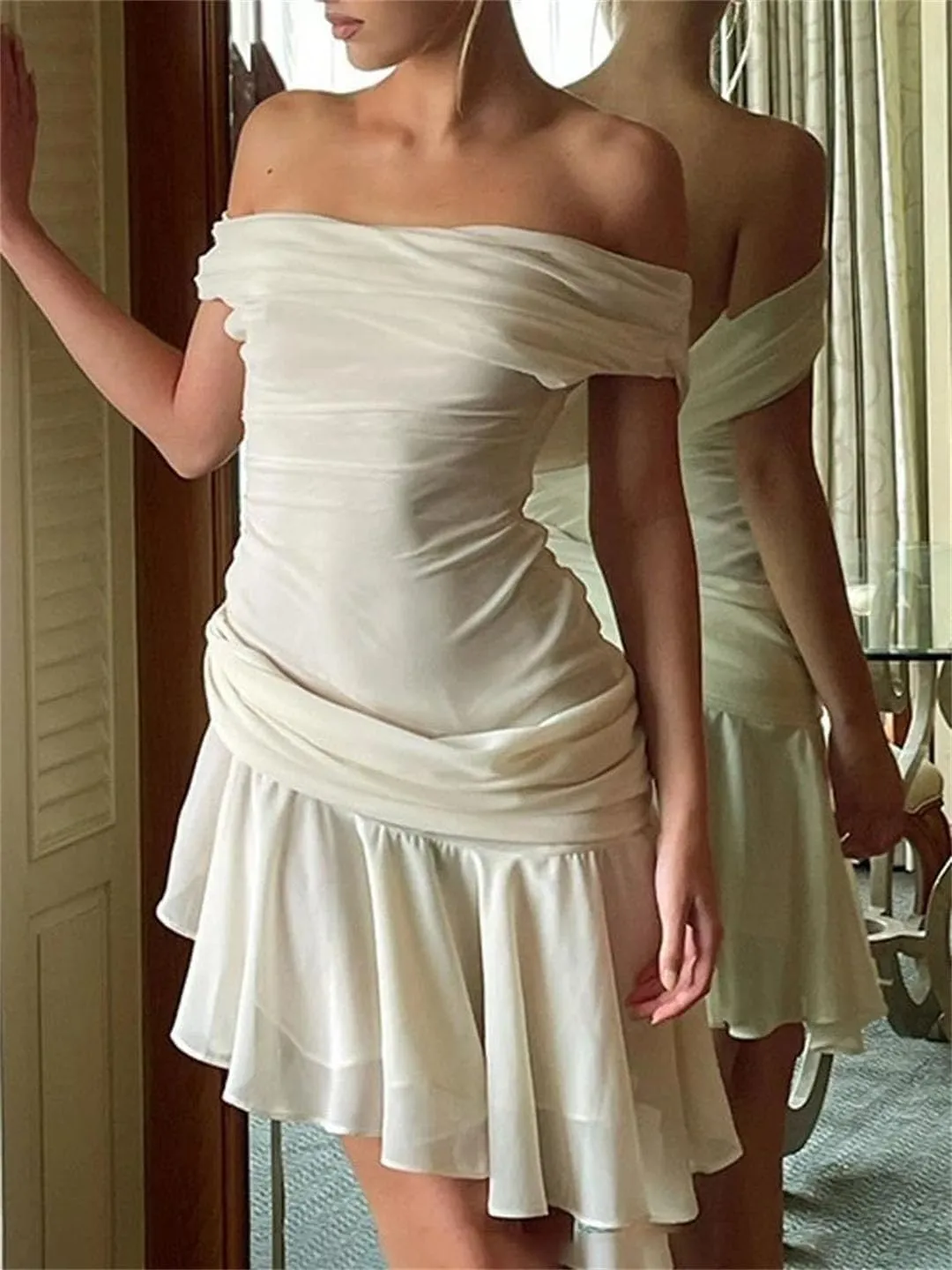 Women's Ruffled Off-Shoulder Mini Dress Backless Slim Mesh Patchwork High Waist Dress