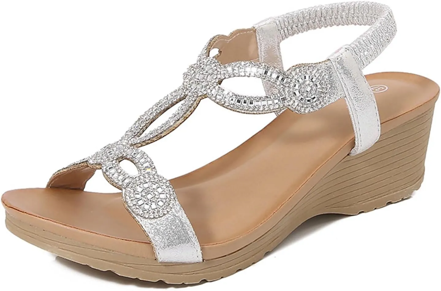 Womens Sandals Beach Flowers Women Summer Fashion Wedge Low Heel Open Toe Dressy Elastic Ankle Strap Rhinestone Bohemian Classic with Ajustable Design Platform Wedges Sandal