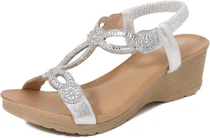 Womens Sandals Beach Flowers Women Summer Fashion Wedge Low Heel Open Toe Dressy Elastic Ankle Strap Rhinestone Bohemian Classic with Ajustable Design Platform Wedges Sandal